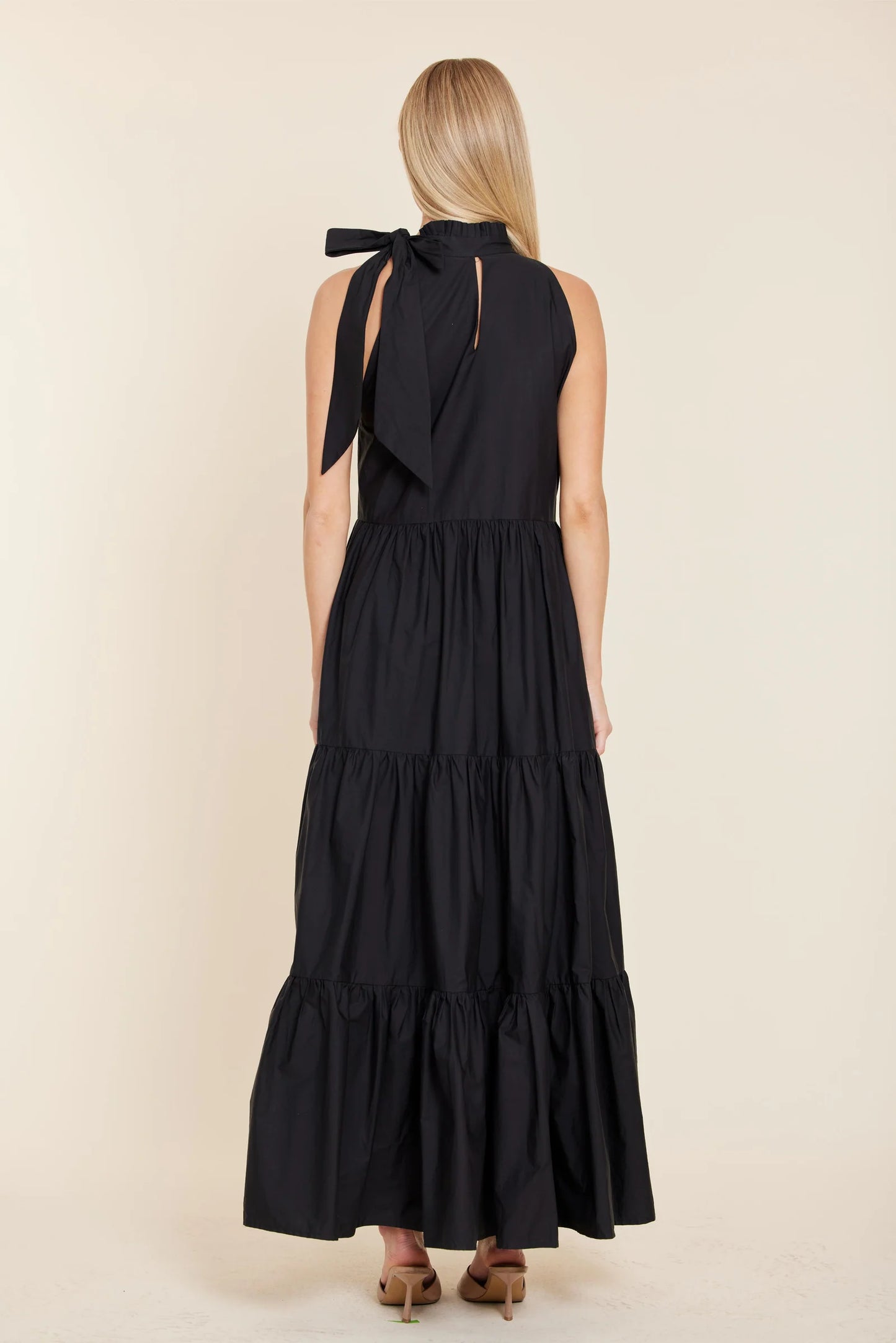 Poplin Tie Neck Black Tiered Maxi Dress