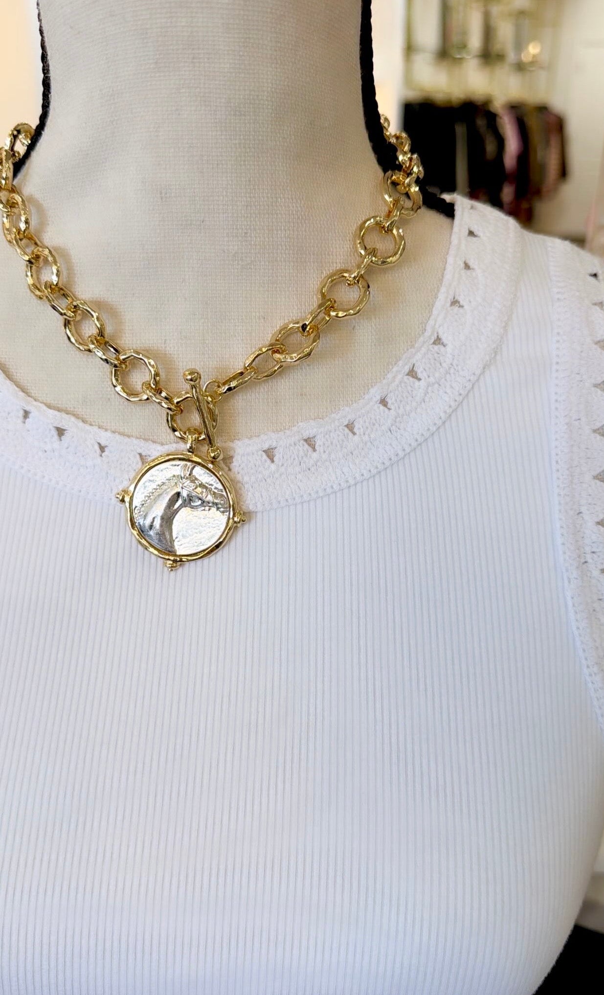 Gold with Silver Horse Disc Necklace