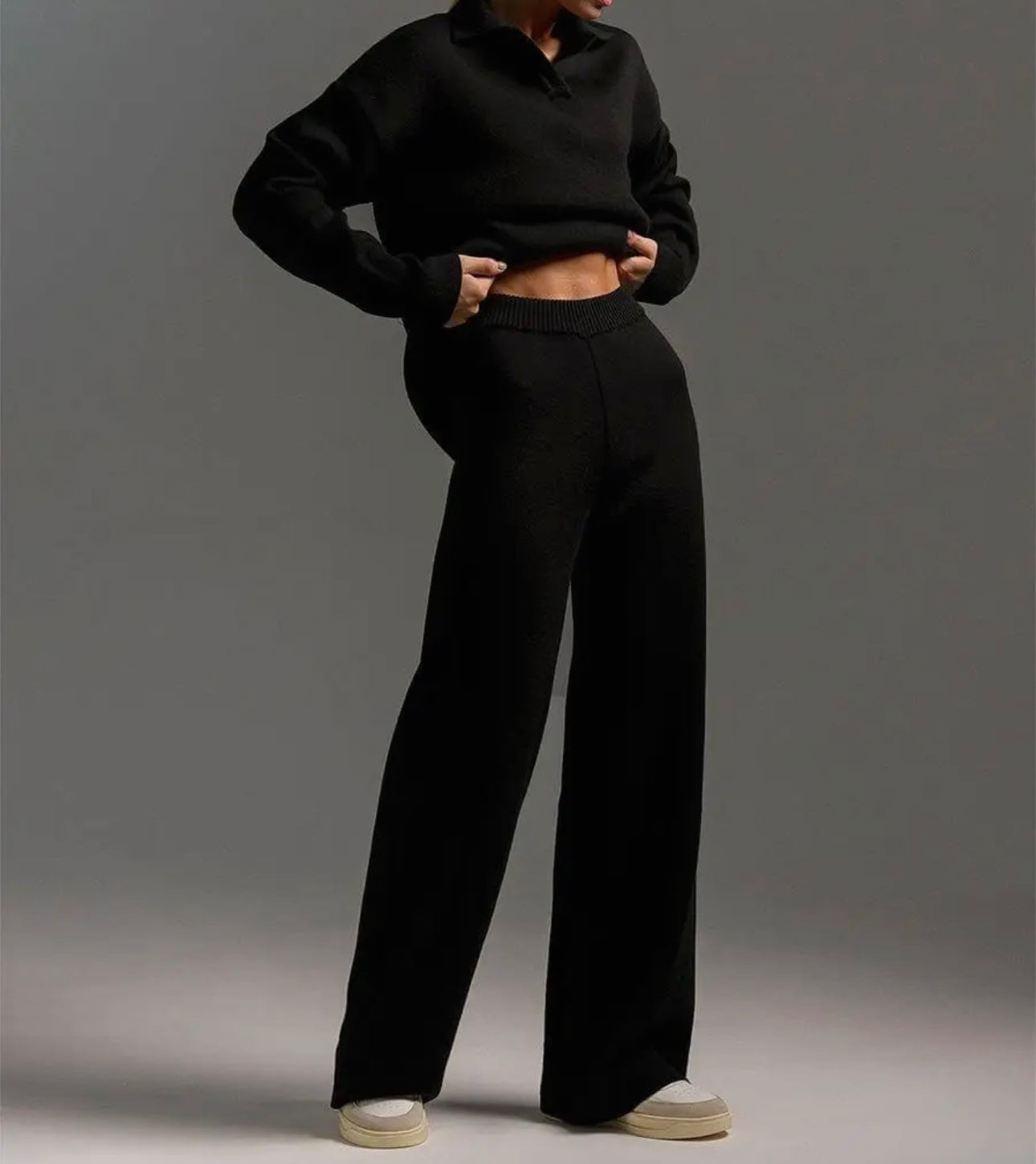 Black Vneck Knit Pant Set
