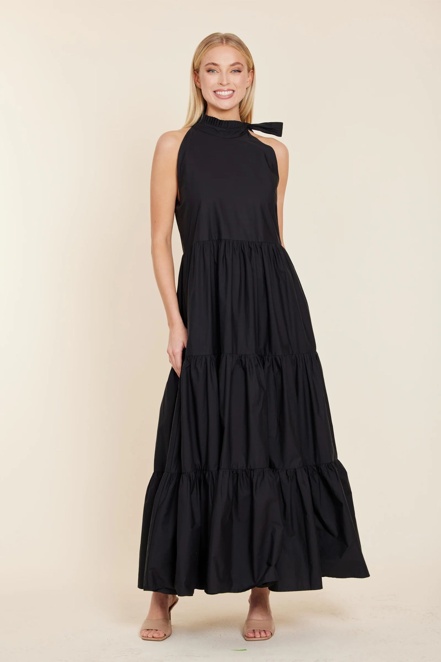 Poplin Tie Neck Black Tiered Maxi Dress