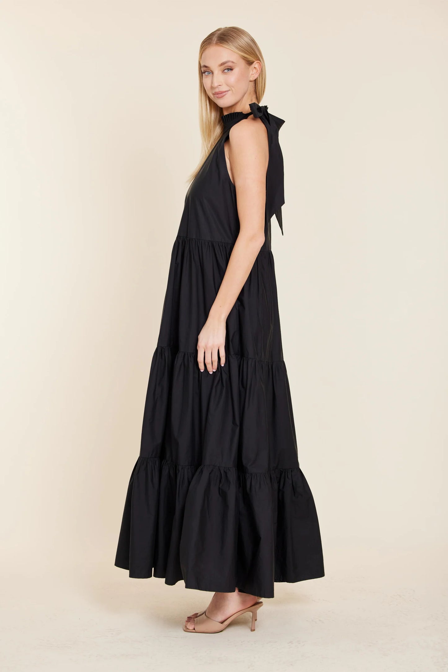 Poplin Tie Neck Black Tiered Maxi Dress