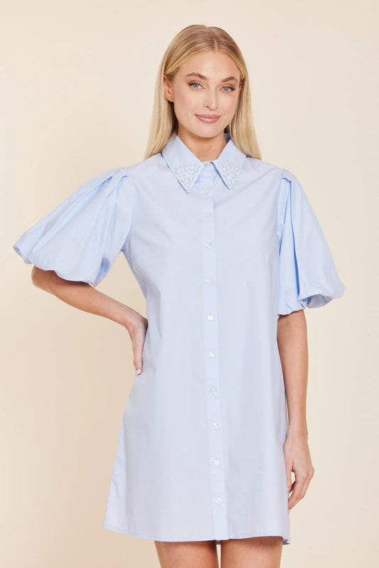 Poplin Pearl Detail Collar Mini Dress