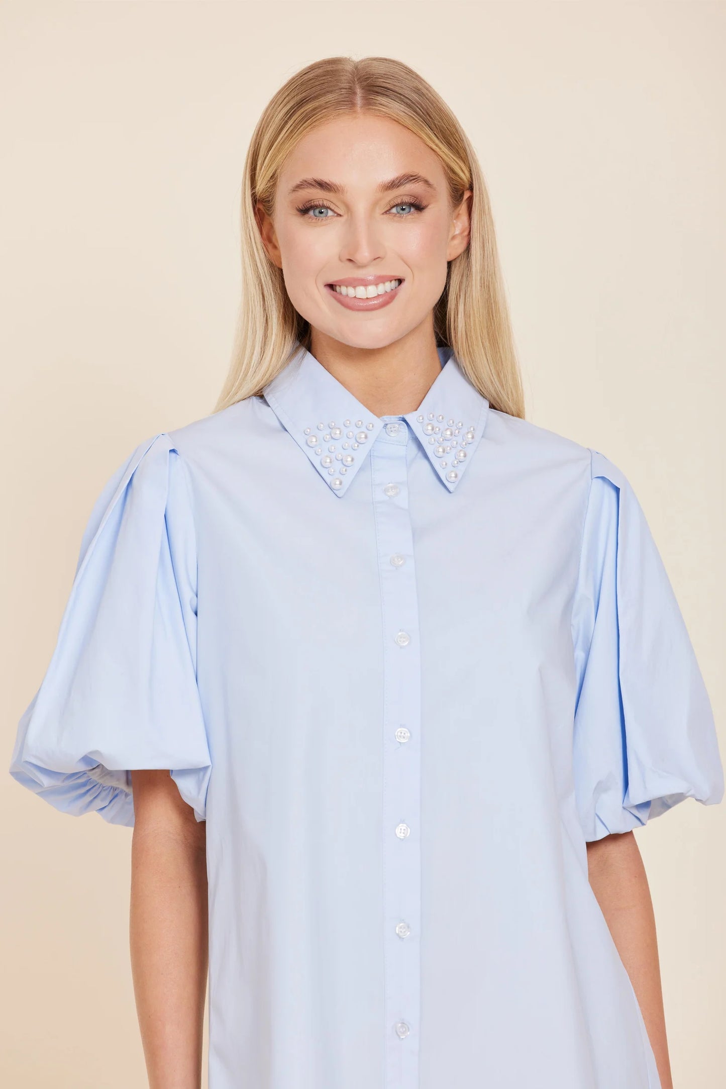 Poplin Pearl Detail Collar Mini Dress
