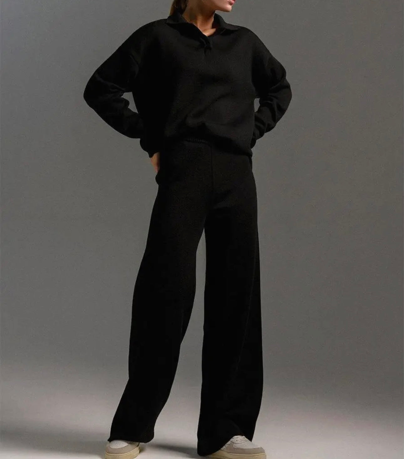 Black Vneck Knit Pant Set