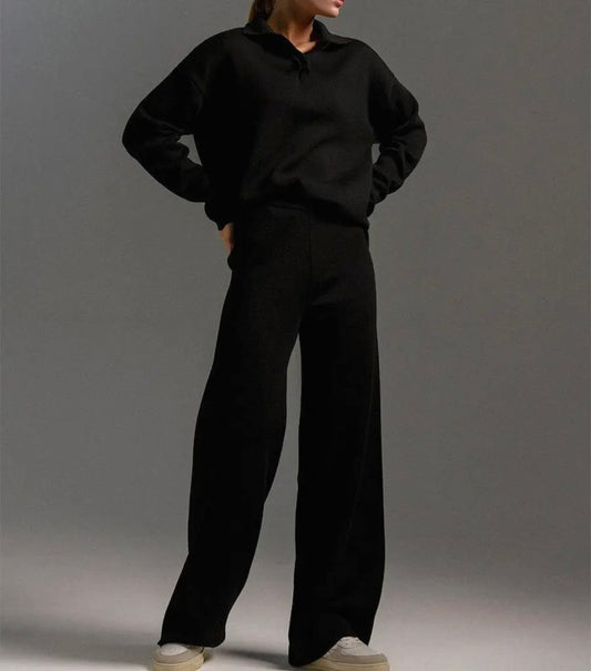 Black Vneck Knit Pant Set