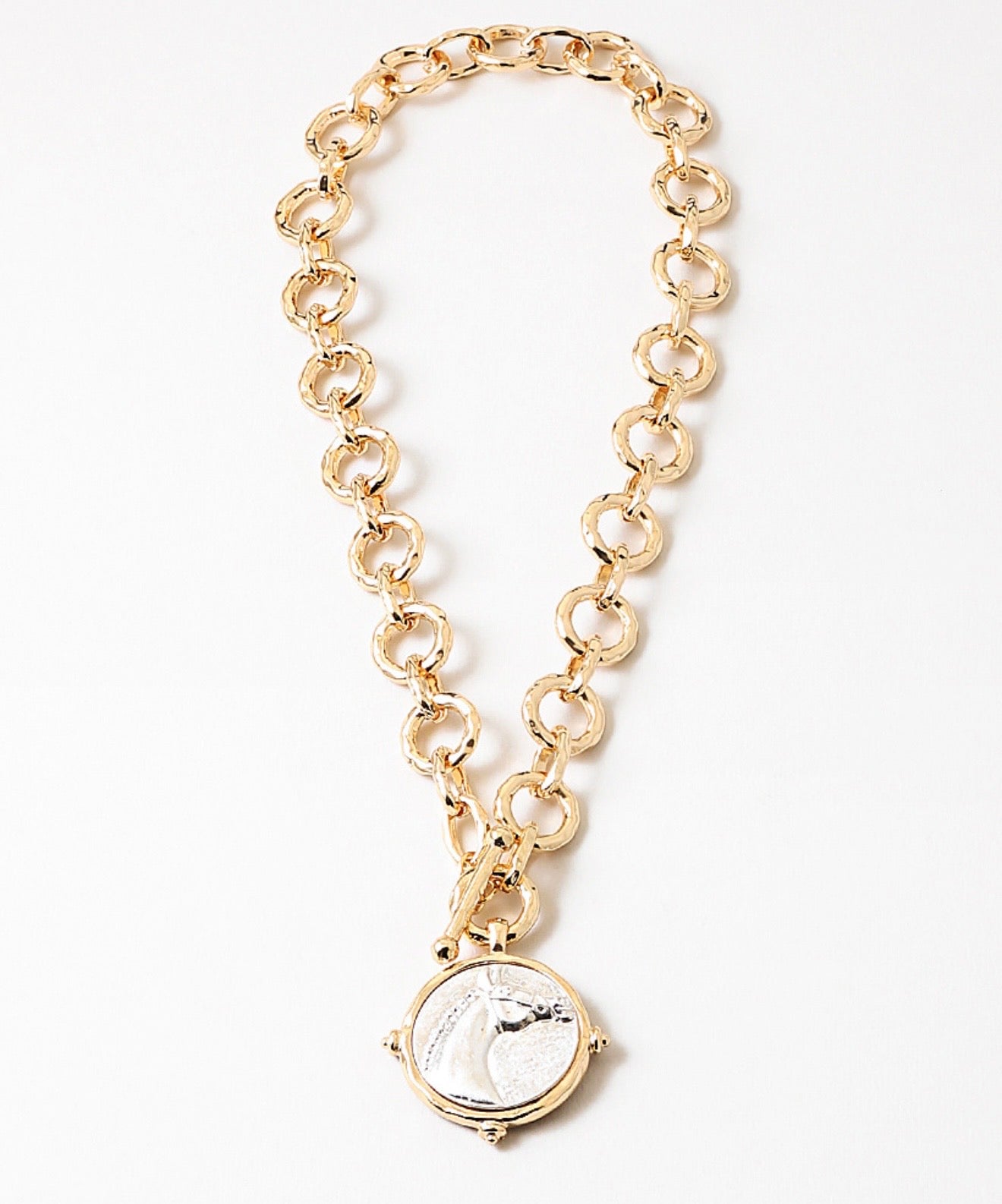 Gold with Silver Horse Disc Necklace