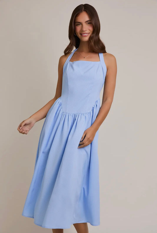 Baby Blue Stripe Halter Midi Dress
