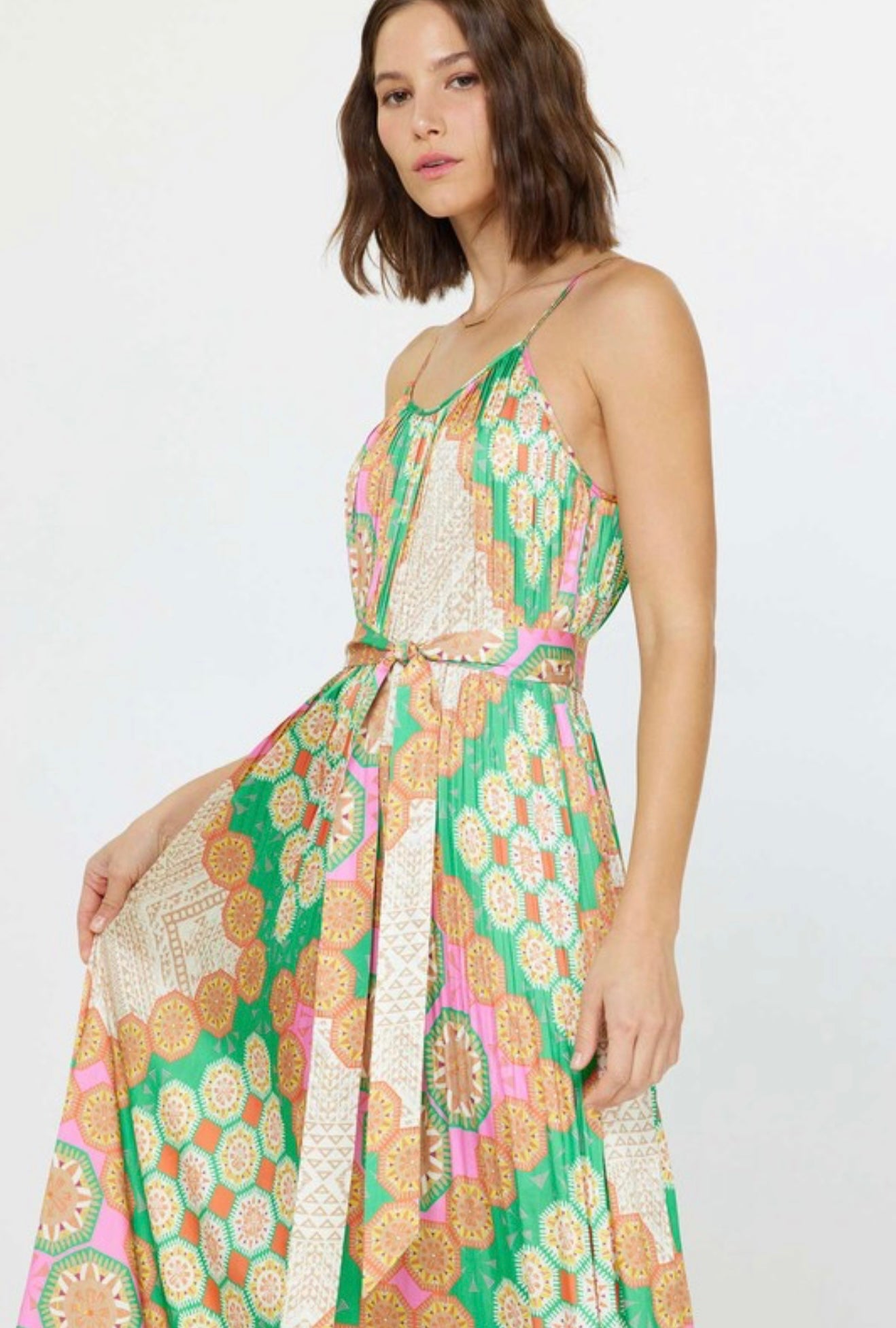 Pleated Patterned Cami Dress
