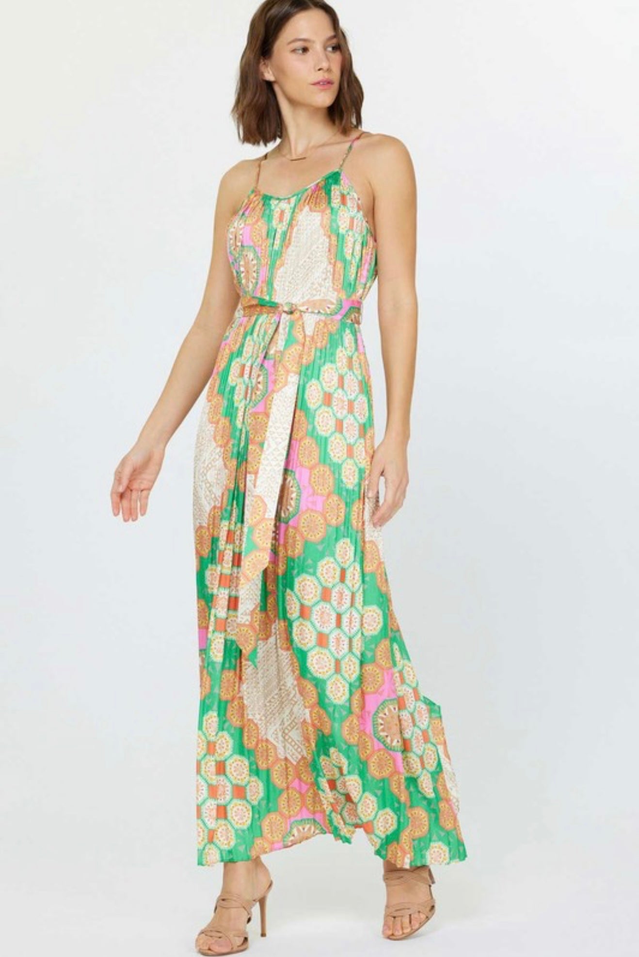 Pleated Patterned Cami Dress